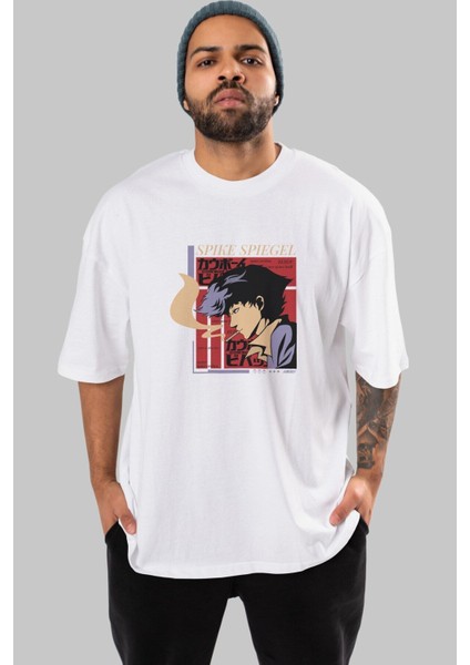 Spike Spiegel Ön Baskılı Beyaz Oversize T-Shirt Erkek Kadın Bisiklet Yaka