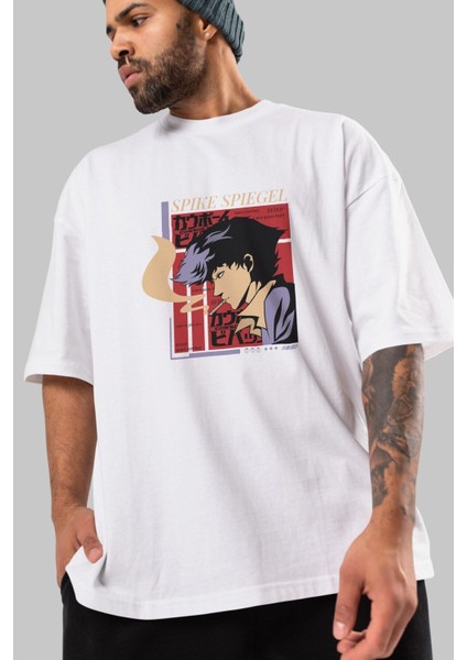Spike Spiegel Ön Baskılı Beyaz Oversize T-Shirt Erkek Kadın Bisiklet Yaka