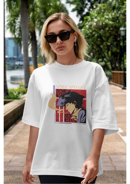 Spike Spiegel Ön Baskılı Beyaz Oversize T-Shirt Erkek Kadın Bisiklet Yaka