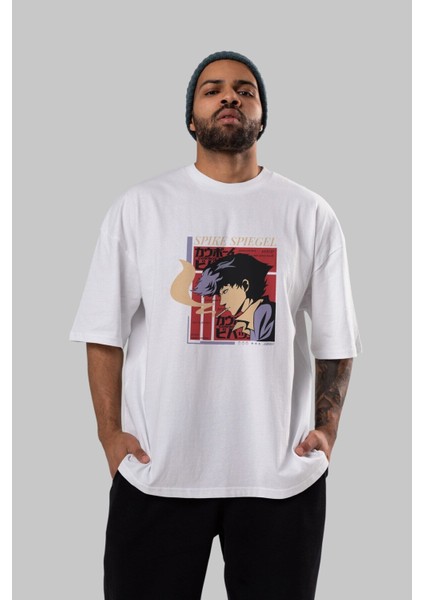 Spike Spiegel Ön Baskılı Beyaz Oversize T-Shirt Erkek Kadın Bisiklet Yaka