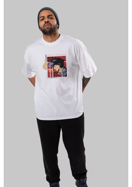 Spike Spiegel Ön Baskılı Beyaz Oversize T-Shirt Erkek Kadın Bisiklet Yaka