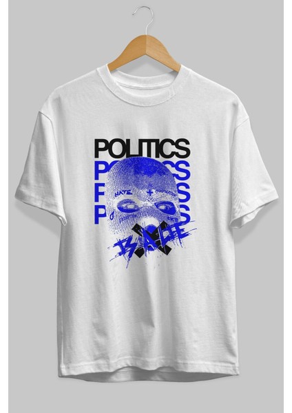 Politics Is A Lie Ön Baskılı Beyaz Oversize T-Shirt Erkek Kadın Bisiklet Yaka modelleri