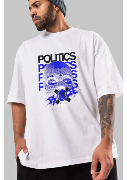 Politics Is A Lie Ön Baskılı Beyaz Oversize T-Shirt Erkek Kadın Bisiklet Yaka fırsatları