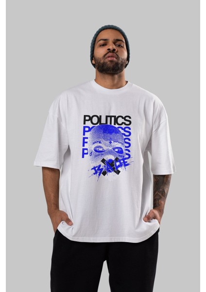 Politics Is A Lie Ön Baskılı Beyaz Oversize T-Shirt Erkek Kadın Bisiklet Yaka indirimleri