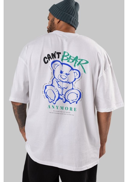 Cant Bear Anymore Arka Baskılı Beyaz Oversize T-Shirt Erkek Kadın Bisiklet Yaka
