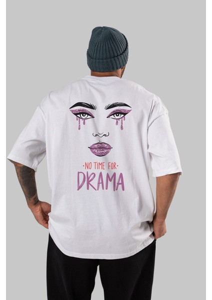 No Time For Drama Arka Baskılı Beyaz Oversize T-Shirt Erkek Kadın Bisiklet Yaka modelleri