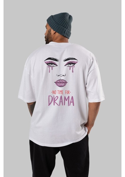 No Time For Drama Arka Baskılı Beyaz Oversize T-Shirt Erkek Kadın Bisiklet Yaka fırsatları