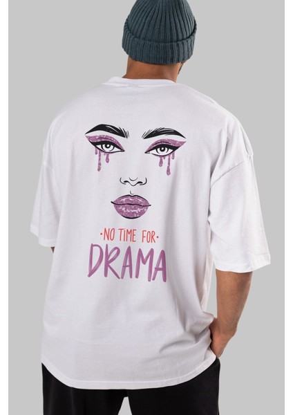 No Time For Drama Arka Baskılı Beyaz Oversize T-Shirt Erkek Kadın Bisiklet Yaka indirimleri