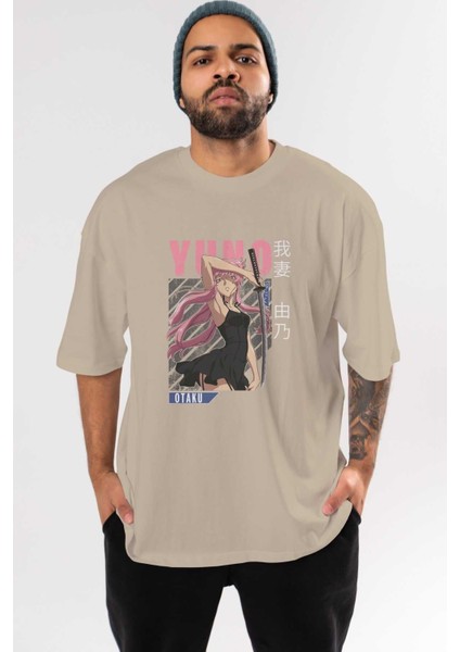 Yuno Gasai 5 Anime Ön Baskılı Bej Oversize T-Shirt Erkek Kadın