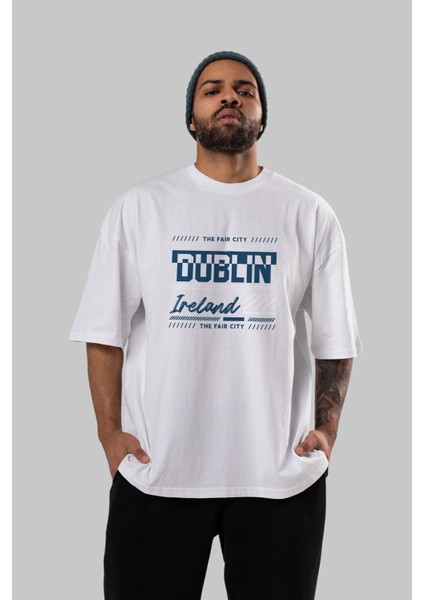 Dublin Ön Baskılı Beyaz Oversize T-Shirt Erkek Kadın Bisiklet Yaka fırsatları
