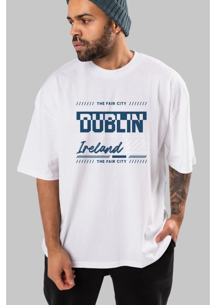 Dublin Ön Baskılı Beyaz Oversize T-Shirt Erkek Kadın Bisiklet Yaka indirimleri