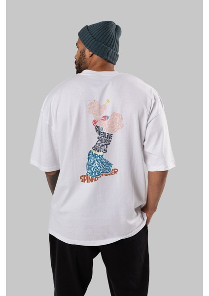 Sailorman Arka Baskılı Beyaz Oversize T-Shirt Erkek Kadın Bisiklet Yaka