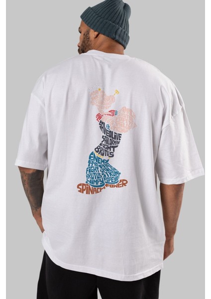 Sailorman Arka Baskılı Beyaz Oversize T-Shirt Erkek Kadın Bisiklet Yaka modelleri