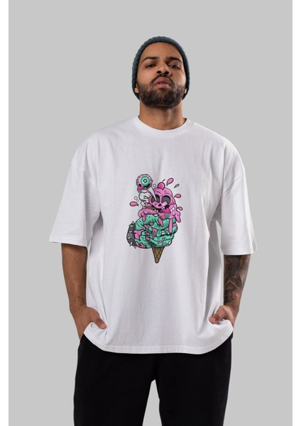 Ice Cream Zombie Ön Baskılı Beyaz Oversize T-Shirt Erkek Kadın Bisiklet Yaka