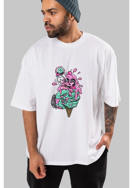 Ice Cream Zombie Ön Baskılı Beyaz Oversize T-Shirt Erkek Kadın Bisiklet Yaka modelleri