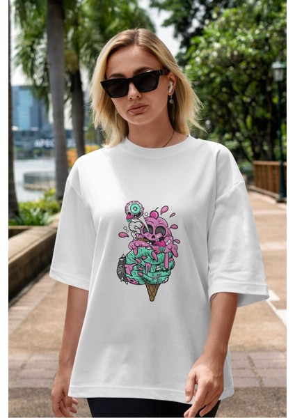 Ice Cream Zombie Ön Baskılı Beyaz Oversize T-Shirt Erkek Kadın Bisiklet Yaka fırsatları