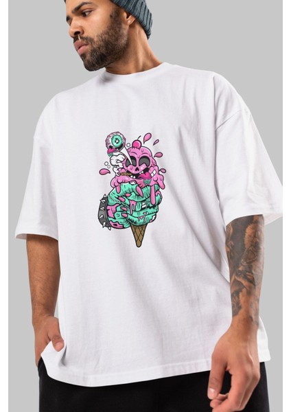 Ice Cream Zombie Ön Baskılı Beyaz Oversize T-Shirt Erkek Kadın Bisiklet Yaka indirimleri