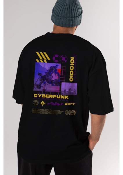 Cyberpunk Yazılı Arka Baskılı Siyah Oversize T-Shirt Erkek Kadın Bisiklet Yaka
