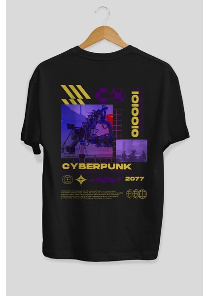Cyberpunk Yazılı Arka Baskılı Siyah Oversize T-Shirt Erkek Kadın Bisiklet Yaka fiyatları