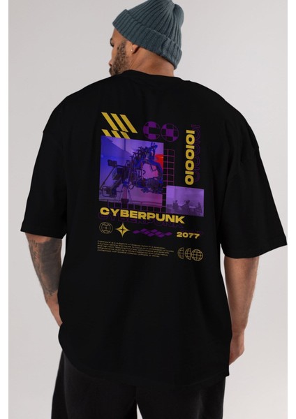 Cyberpunk Yazılı Arka Baskılı Siyah Oversize T-Shirt Erkek Kadın Bisiklet Yaka modelleri