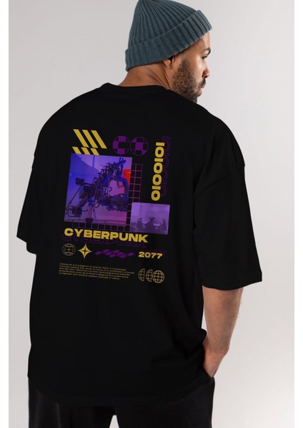Cyberpunk Yazılı Arka Baskılı Siyah Oversize T-Shirt Erkek Kadın Bisiklet Yaka fırsatları