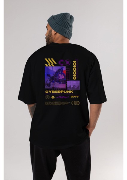 Cyberpunk Yazılı Arka Baskılı Siyah Oversize T-Shirt Erkek Kadın Bisiklet Yaka indirimleri