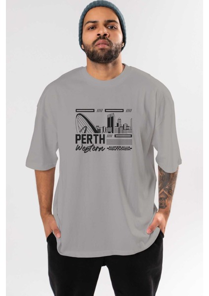 Perth Ön Baskılı Gri Oversize T-Shirt Unisex Erkek Kadın Bisiklet Yaka