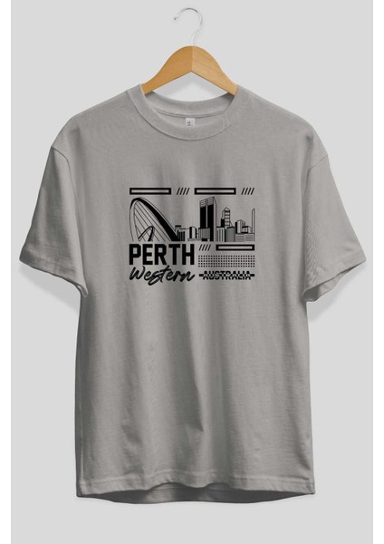 Perth Ön Baskılı Gri Oversize T-Shirt Unisex Erkek Kadın Bisiklet Yaka fiyatları