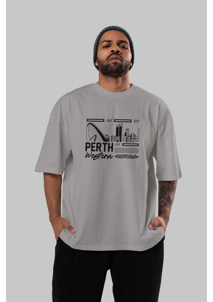 Perth Ön Baskılı Gri Oversize T-Shirt Unisex Erkek Kadın Bisiklet Yaka indirimleri