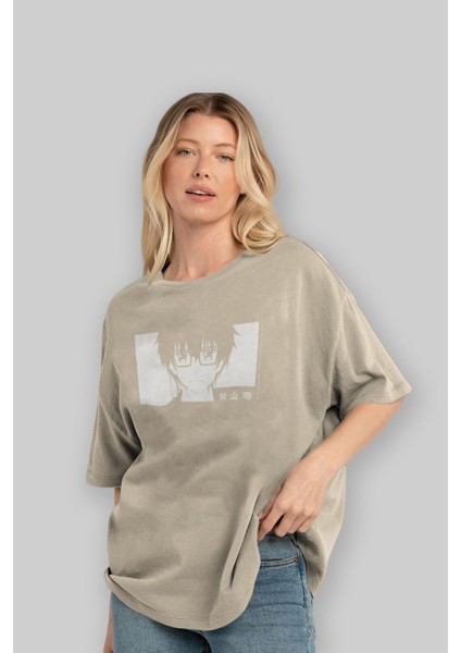 Rei Kiriyama 3 Anime Ön Baskılı Bej Oversize T-Shirt Erkek Kadın modelleri