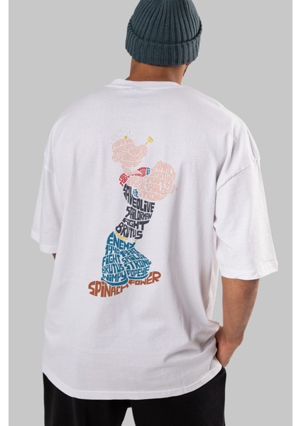 Sailorman Arka Baskılı Beyaz Oversize T-Shirt Erkek Kadın Bisiklet Yaka indirimleri