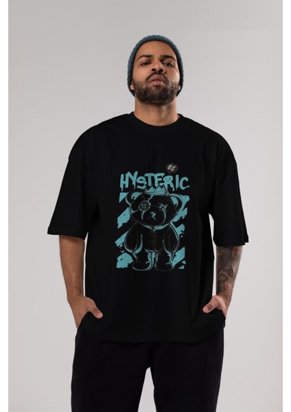 Hysteric Bear Ön Baskılı Siyah Oversize T-Shirt Erkek Kadın Bisiklet Yaka