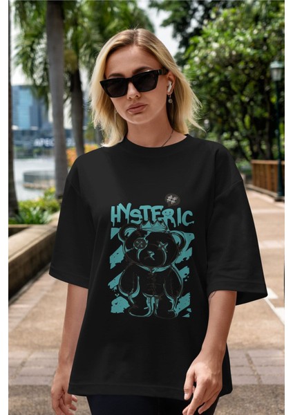 Hysteric Bear Ön Baskılı Siyah Oversize T-Shirt Erkek Kadın Bisiklet Yaka modelleri