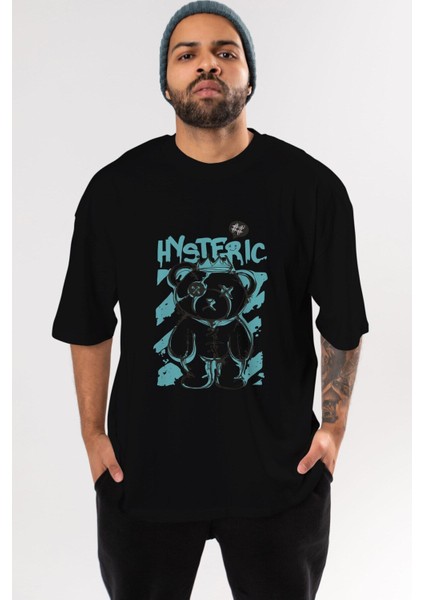 Hysteric Bear Ön Baskılı Siyah Oversize T-Shirt Erkek Kadın Bisiklet Yaka fırsatları