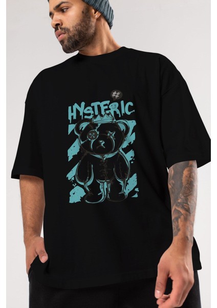 Hysteric Bear Ön Baskılı Siyah Oversize T-Shirt Erkek Kadın Bisiklet Yaka indirimleri