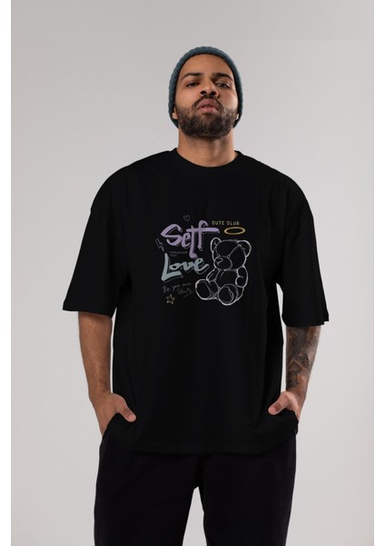 Self Love Bear Ön Baskılı Siyah Oversize T-Shirt Erkek Kadın Bisiklet Yaka