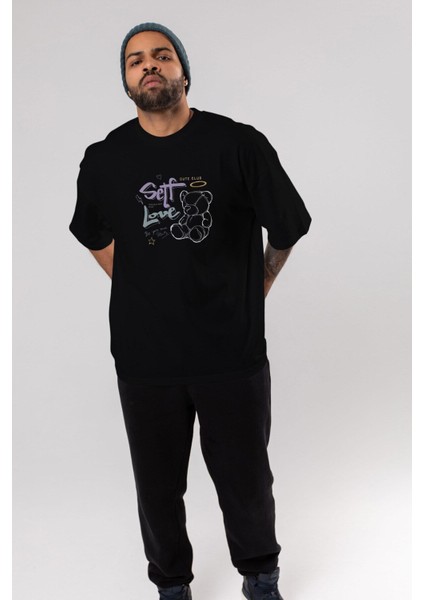 Self Love Bear Ön Baskılı Siyah Oversize T-Shirt Erkek Kadın Bisiklet Yaka fiyatları