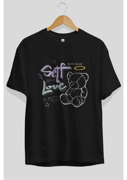 Self Love Bear Ön Baskılı Siyah Oversize T-Shirt Erkek Kadın Bisiklet Yaka modelleri