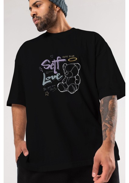 Self Love Bear Ön Baskılı Siyah Oversize T-Shirt Erkek Kadın Bisiklet Yaka fırsatları