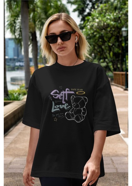 Self Love Bear Ön Baskılı Siyah Oversize T-Shirt Erkek Kadın Bisiklet Yaka indirimleri