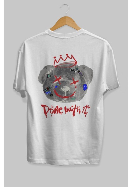Done With It Bear Arka Baskılı Beyaz Oversize T-Shirt Erkek Kadın Bisiklet Yaka fiyatları