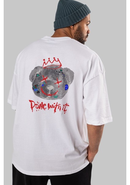 Done With It Bear Arka Baskılı Beyaz Oversize T-Shirt Erkek Kadın Bisiklet Yaka fırsatları