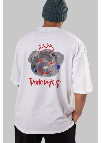 Done With It Bear Arka Baskılı Beyaz Oversize T-Shirt Erkek Kadın Bisiklet Yaka indirimleri