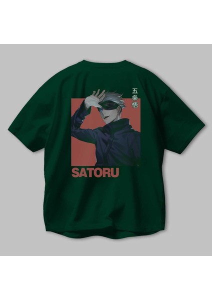 Satoru Gojo 2 Anime Arka Baskılı Zümrüt Yeşili Oversize T-Shirt Pamuk Erkek Kadın modelleri