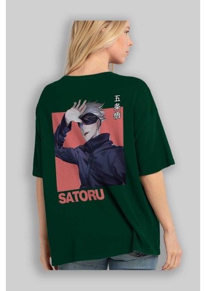 Satoru Gojo 2 Anime Arka Baskılı Zümrüt Yeşili Oversize T-Shirt Pamuk Erkek Kadın fırsatları