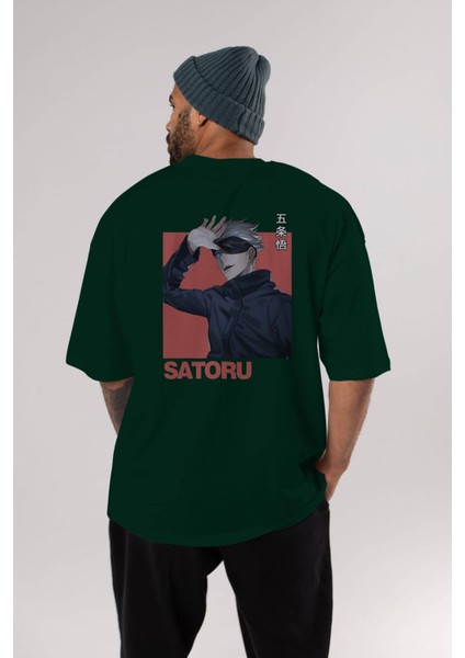 Satoru Gojo 2 Anime Arka Baskılı Zümrüt Yeşili Oversize T-Shirt Pamuk Erkek Kadın indirimleri