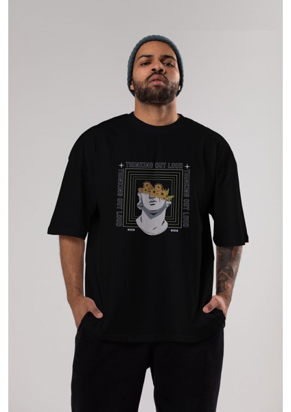 Thinking Out Loud Ön Baskılı Siyah Oversize T-Shirt Erkek Kadın Bisiklet Yaka
