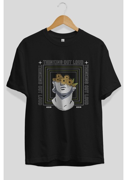 Thinking Out Loud Ön Baskılı Siyah Oversize T-Shirt Erkek Kadın Bisiklet Yaka indirimleri
