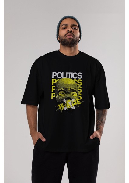 Politics Is A Lie Ön Baskılı Siyah Oversize T-Shirt Erkek Kadın Bisiklet Yaka