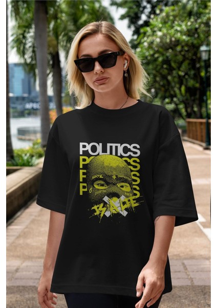 Politics Is A Lie Ön Baskılı Siyah Oversize T-Shirt Erkek Kadın Bisiklet Yaka
